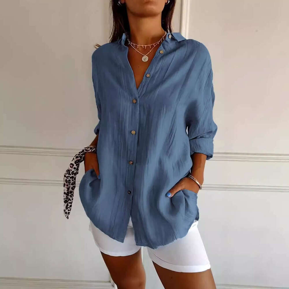 2026 New Single-Breasted Pleated Collar Shirt, Popular on Independent E-commerce Platforms, Women's Solid Color European and American Style Top w