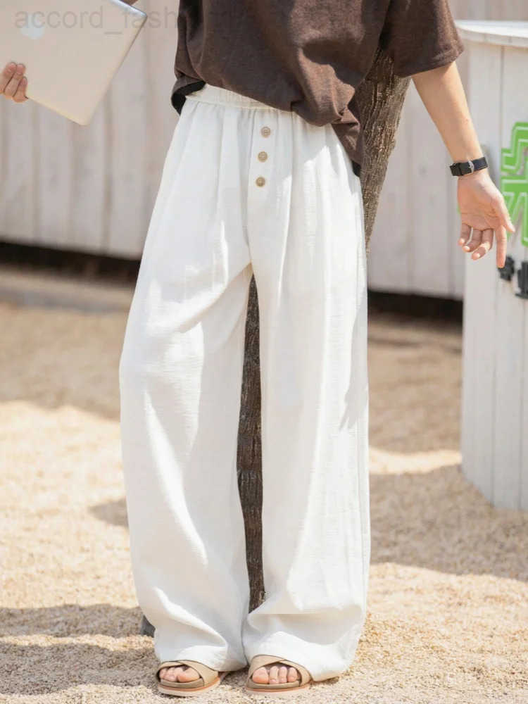 Mens Pleated Linen-Look Casual Trousers Colour-Blocked Buttons Cotton-Linen Texture Loose-Fit Straight-Leg Trousers H260330