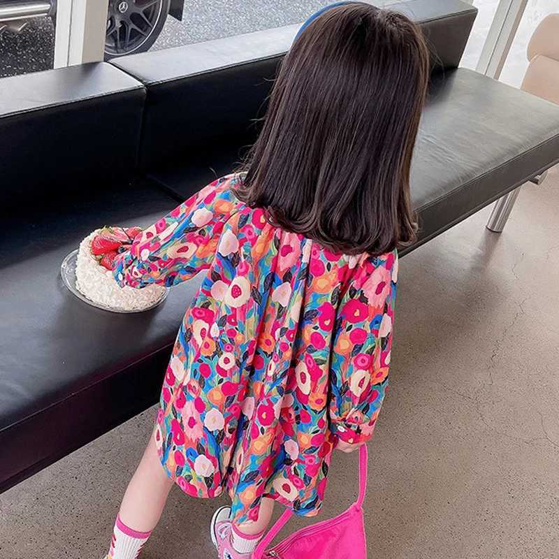 Spring Autumn New Girls Princess Dress Full Print Flowers Long Sleeve Lapel Collar Dress For 2-8 Years Girls Casual Shirt SkirtT260330
