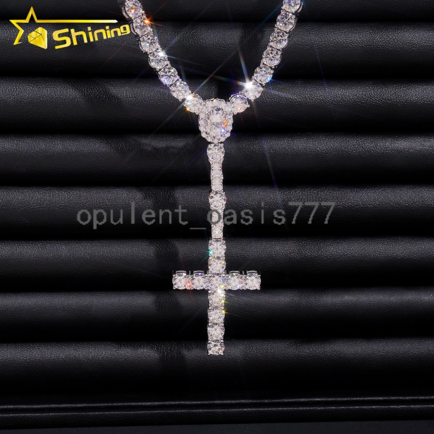 New Arrival Hot Sell Iced Out 5MM Width 925 Sterling Silver VVS Moissanite Rosary Cross Tennis Chain Necklace