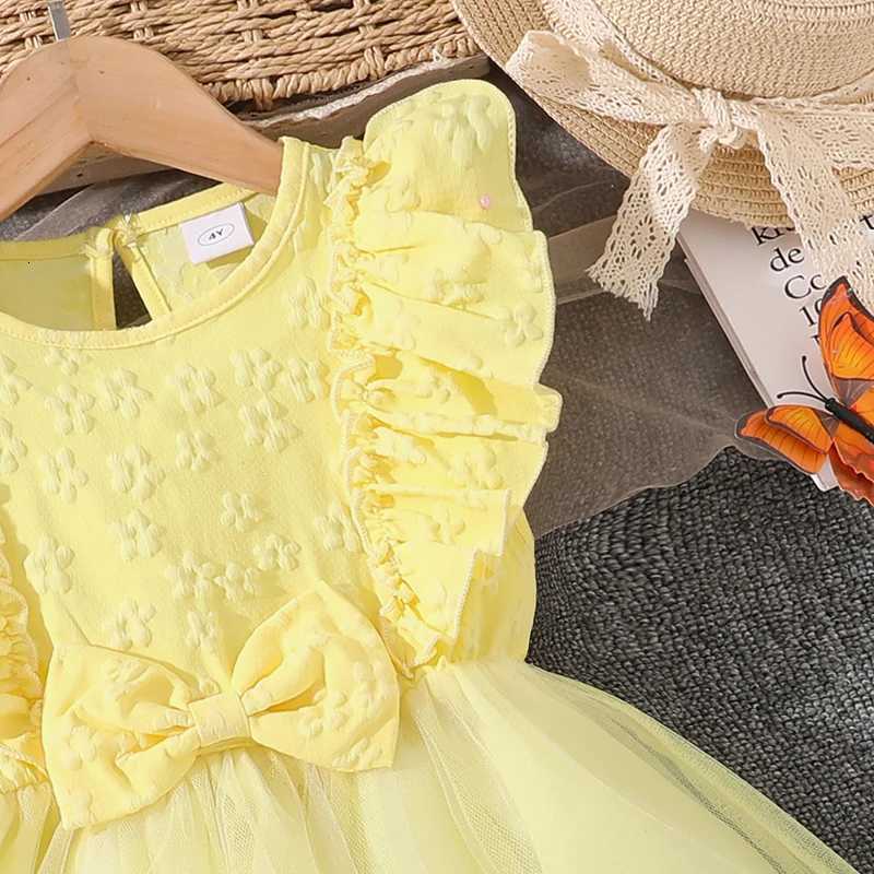Dress For Girls Yellow O-Neck Fly-Sleeve Tulle Bowknot 8-12 Years Summer Elegant Sweet Style Princess Dress kids ClothingT260330