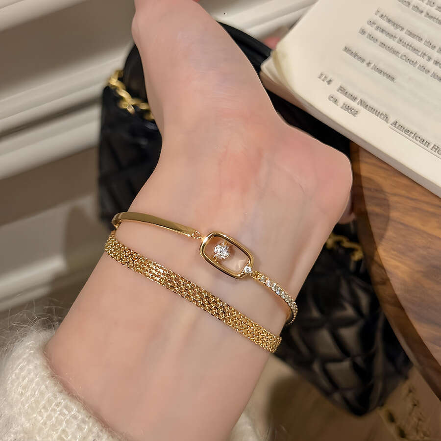 18K real Design gold plated flat grid bracelet, simple Dainty retro minimalist style, niche high-end jewelry