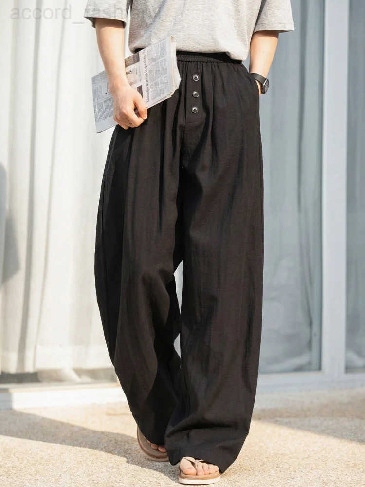 Mens Pleated Linen-Look Casual Trousers Colour-Blocked Buttons Cotton-Linen Texture Loose-Fit Straight-Leg Trousers H260330