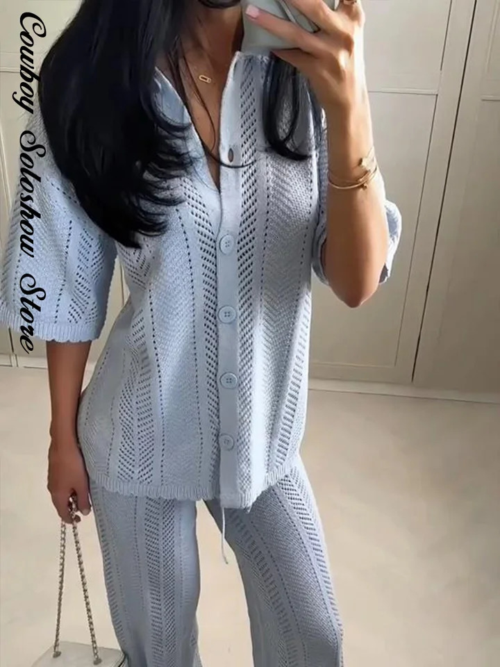 Vintage Knitted Baggy Pants Set Women Brown Half Sleeve Lapel Single Breasted Tops Straight Trousers Summer Solid Lady Suit 260326