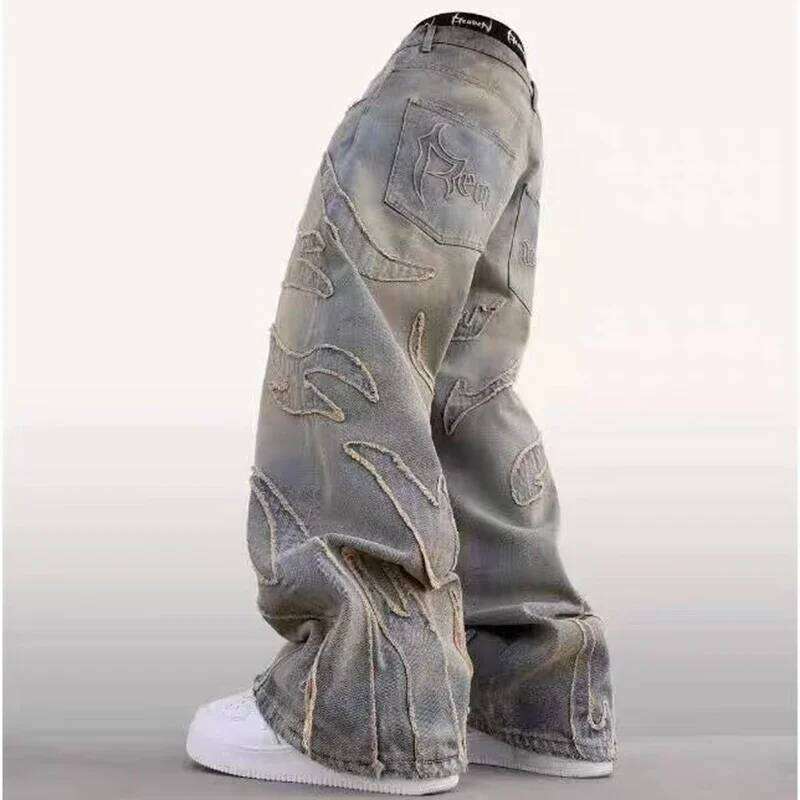 Gothic Retro High Waisted Wide Leg Trousers Y2k Hip Hop Baggy Men's Street Fashion Raw Edge Embroidered Jeans 26Y0330