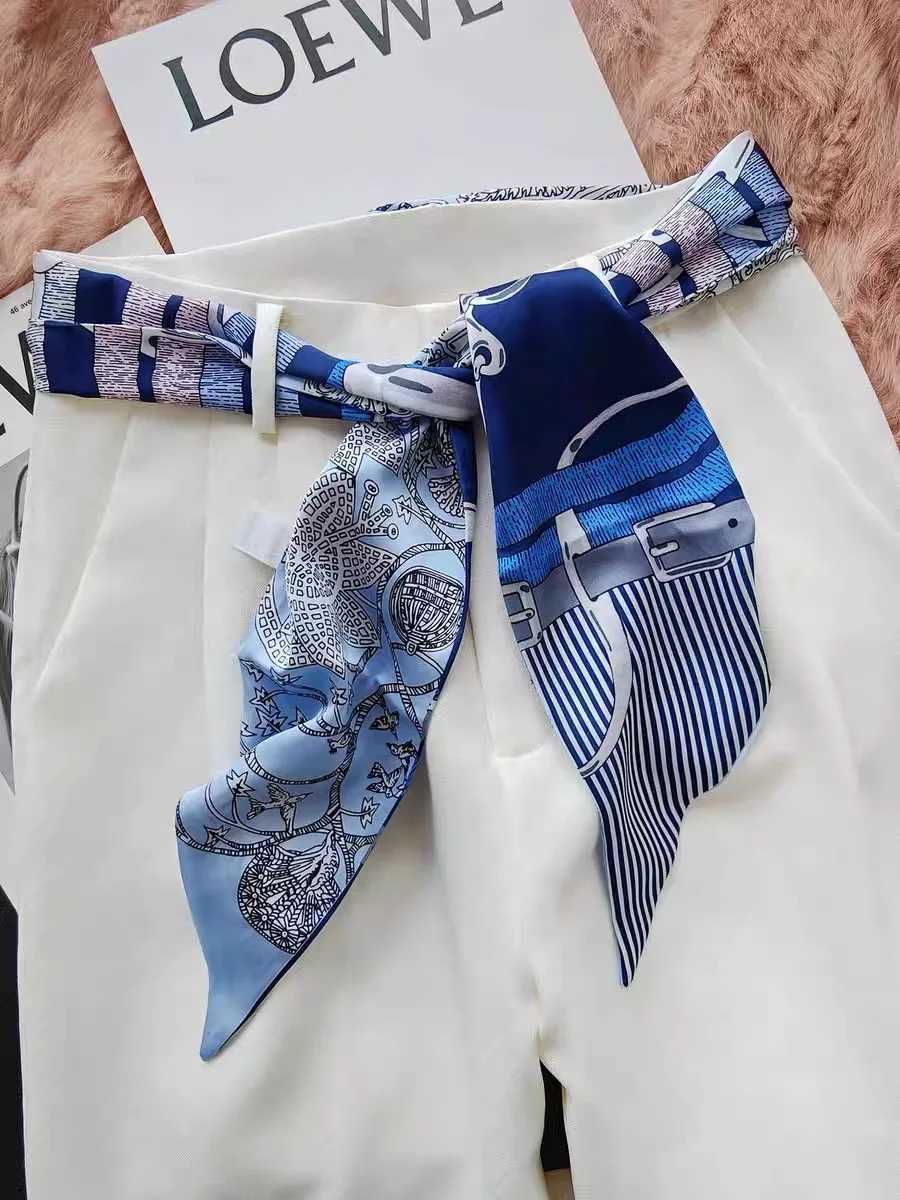 Fashion Blue Print Silk Scarf Wen Soft Satin Horse Hairband Bl Neckerchief Off Hijab band Foard Bag Ribbons Gift X260328