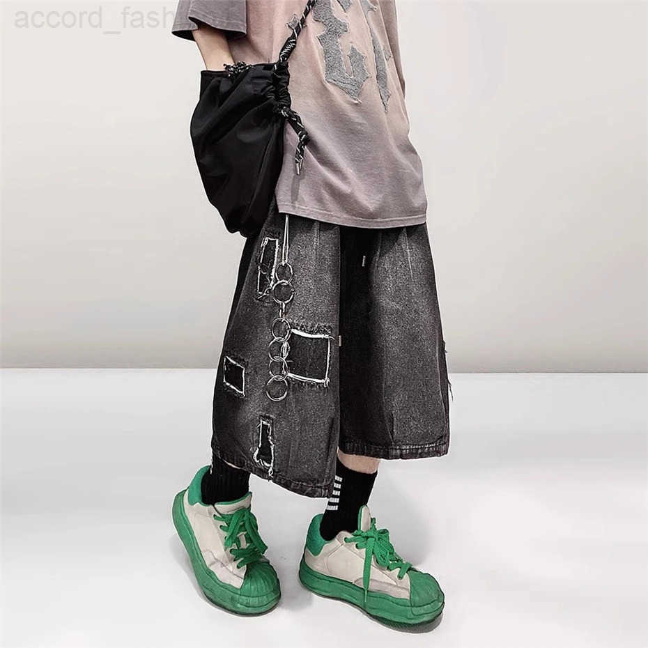 Patch Denim Shorts Mens Streetwear Hip Hop Knee Length Pants Harajuku Vintage Baggy Casual Wide-leg Jeans Short Male H260330