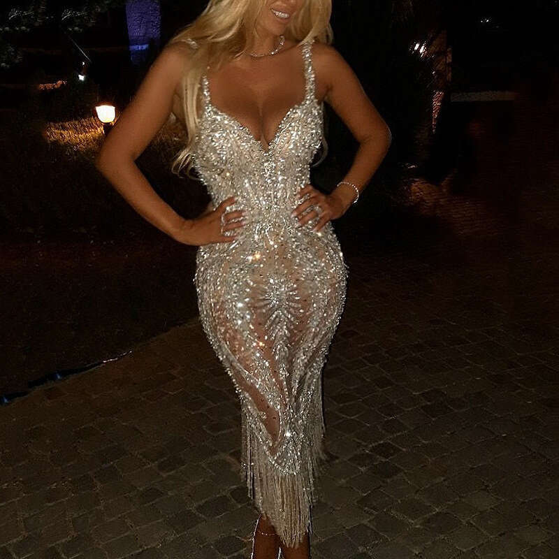 2026 New Cross-Border Foreign Trade European and American Women's Clothing Deep V Long Sleeve Sequin Dress Mini Gown