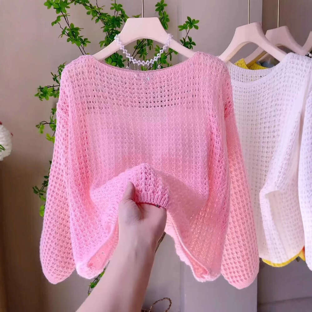 Summer New Gentle Sweet Pink Hollow Knit Top Women Off-Shoulder Long Sleeve Thin Shawl Cover-Up