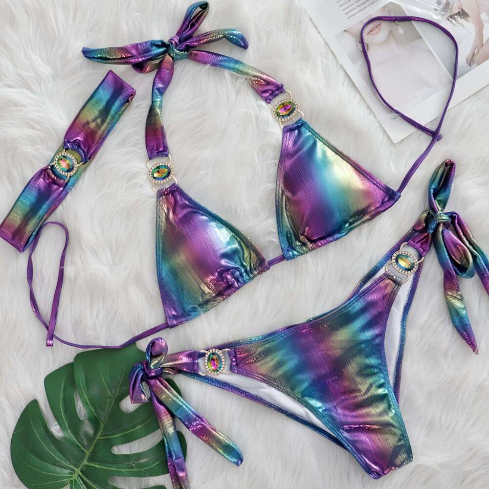 Women's Designer Swimsuit Suit Halter Neck Swimsuit Three Piece Suit with Rhinestones Swimsuit+Swimming Trunks+Hairband Sexy Suit Seaside Beach B