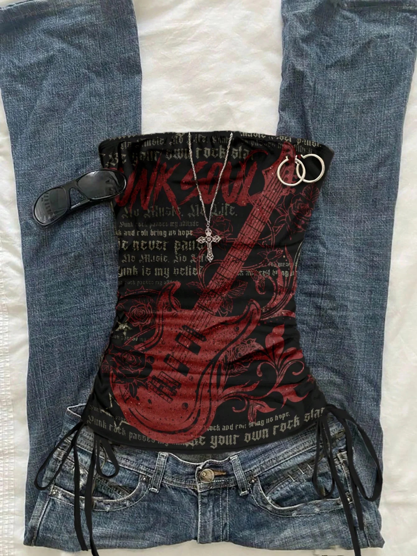 Womens casual retro drawstring front cut vest suitable for Y2K and guitar prints in spring and summer 260327