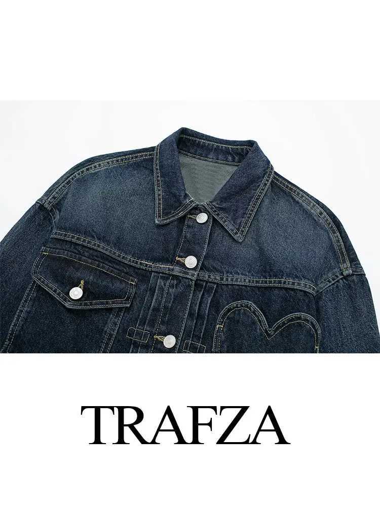 HH Women Dark Blue Denim Coat Heart Pattern Outerwear Long Sleeve Single Breasted Jacket Spring Female Chic Top CoatsT260328