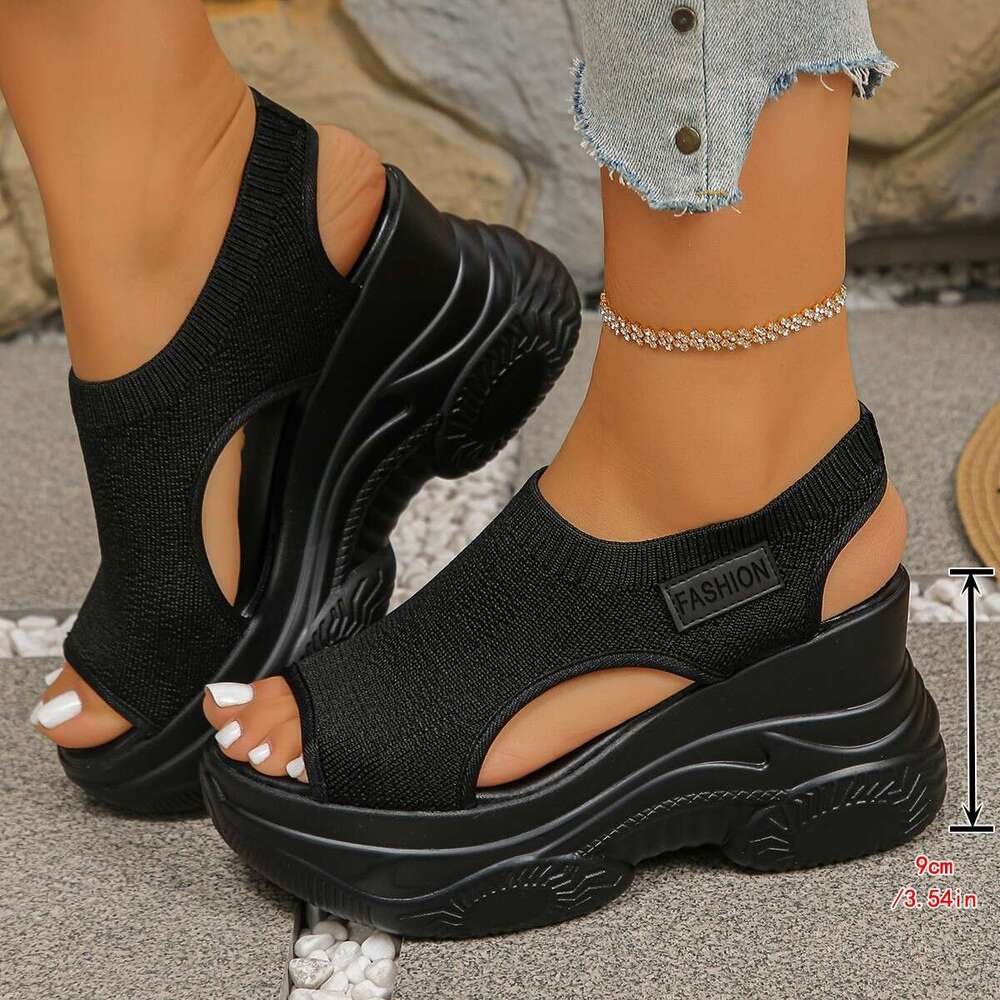 2026 New Cross-Border Sports Large Design Shoe Size Breathable Hollow Solid Color Elastic Slip-On Flyknit Women's Thick-Soled Sandals