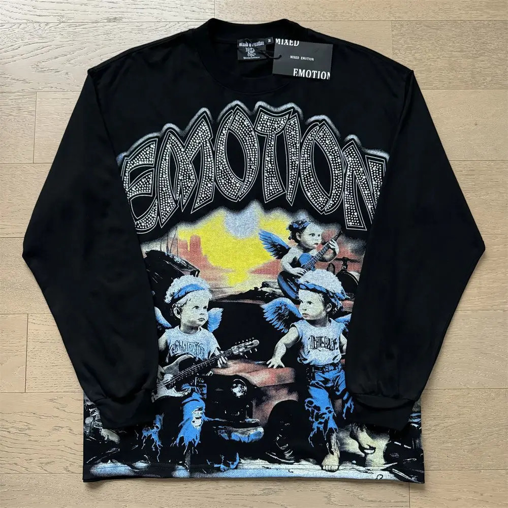 MIXED EMOTION Long Sleeve T-shirt Men Women High Street Full Print 100 Cotton Crewneck Hip Hop Oversized Tops 260326