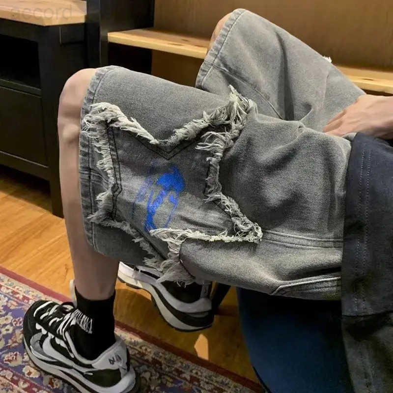 Five-pointed Star Embroidered Denim Shorts Mens Summer High Street Japanese Loose Retro Trendy Pants H260330