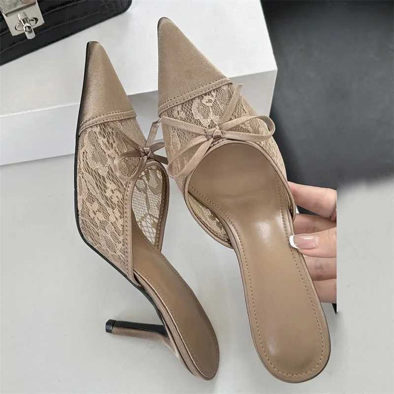 Eilyken Elegant Mesh Fabric Butterfly-knot Pointed Toe Slippers Women Sexy Thin Heels Party Prom Mule Shoes Z260330