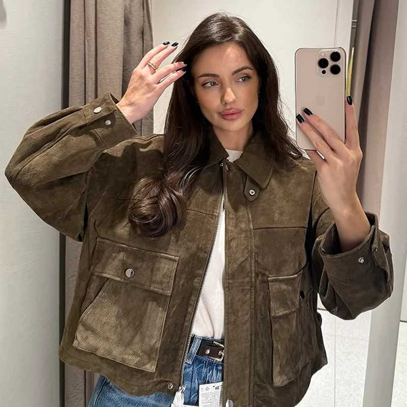 HXAO Green Faux Suede Jacket Womens Bomber Jacket Autumn 2025 New In Coats Jackets Chic Elegant Pockets Long Sleeve OuterwearT260328