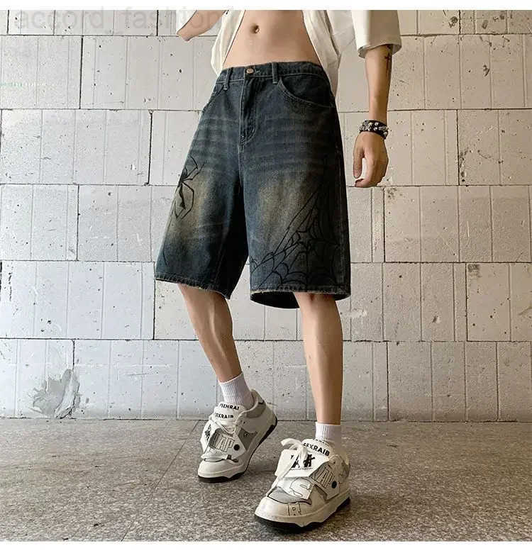 Korean Harajuku Spider Cobweb Print Denim Short for Men Y2k Retro Wash Hip Hop Punk Grunge Jeans Shorts Summer Women Streetwear H260330
