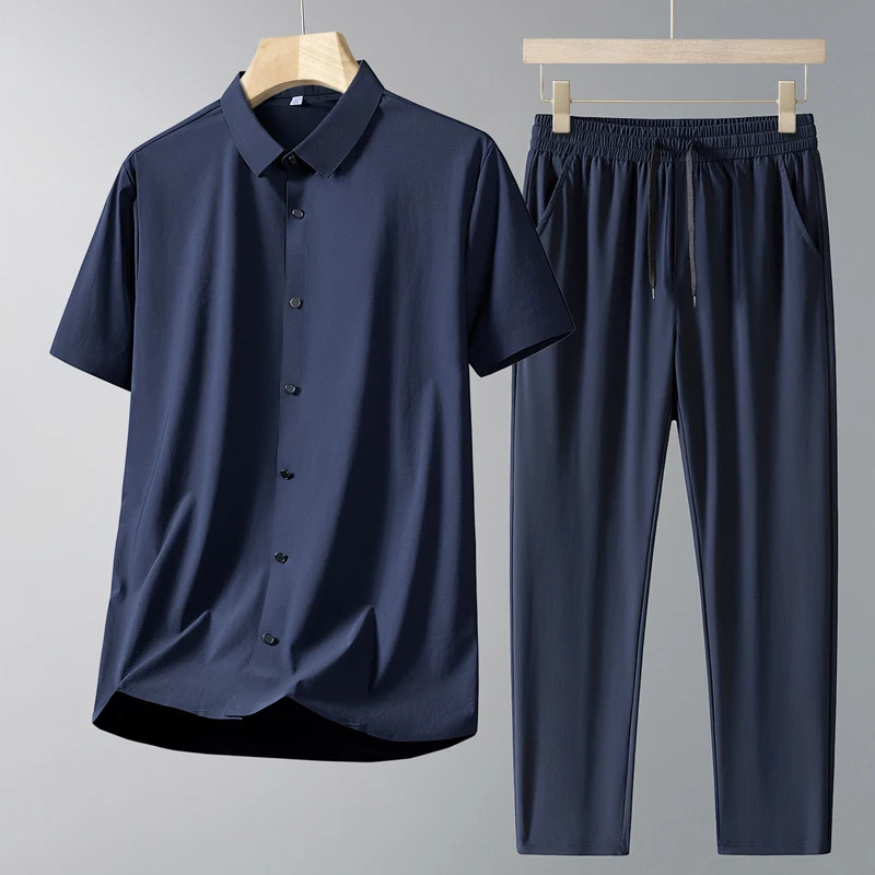 Men Short Sleeve Shirt Casual Sport Outfit For Middle Aged Dad Bamboo Fiber Polo Shirt And Pants Two Piece Set 260324