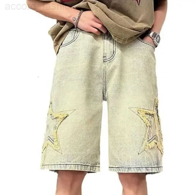 Star Patchwork Yellow Clay Color Jeans Summer Men Denim Shorts Trendy Streetwear Five-point Pants Straight Jeans Shorts H260330