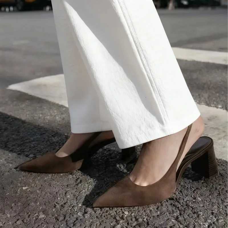 High Quality Faux Suede Slingback Pumps Women Retro Brown Pointed Toe Chunky Heel Design Sandals Elegant Commuter Office Shoes Z260330