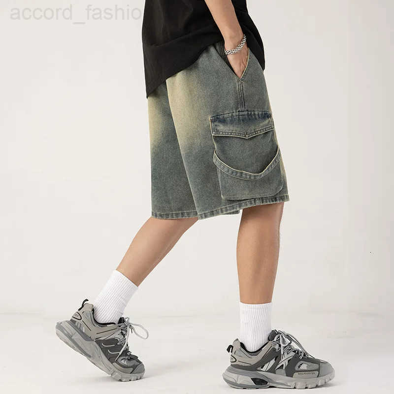2025 New Cowboy shorts mens high-end personalized drawstring loose casual denim five quarter pants loose plus wide leg pants H260330