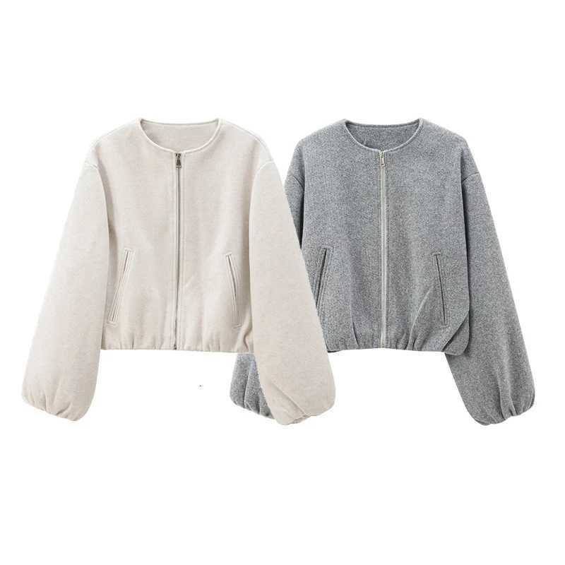 TRAF Beige Cropped Jacket Outerwears Womens 2024 Autumn Winter WoolBlend Short Bomber Varsity Jacket Fashion Casual Grey CoatT260328