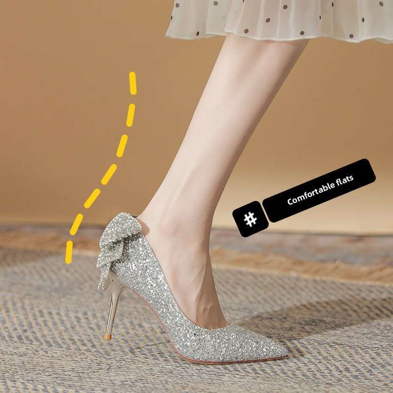 Women French Crystal Bow High Heels Elegant Socialite Party Xiuhe Sequin Bride Bridesmaid Shoes