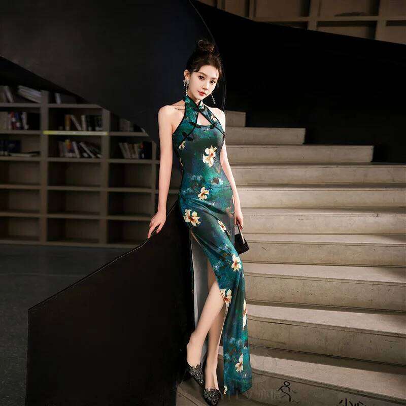 Green Blue Chinese National Cheongsam Women Summer Sexy Backless Sleeveless Floral Vintage Dress Long Qipao S To 5Xl MAKOUFEI