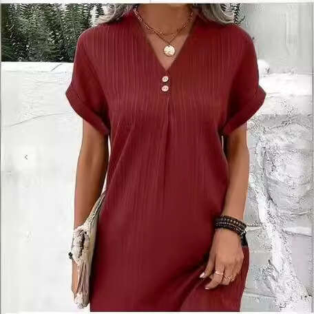 Cross-border European and American women's clothing 2026 new V-neck solid color pullover comfortable casual button dress