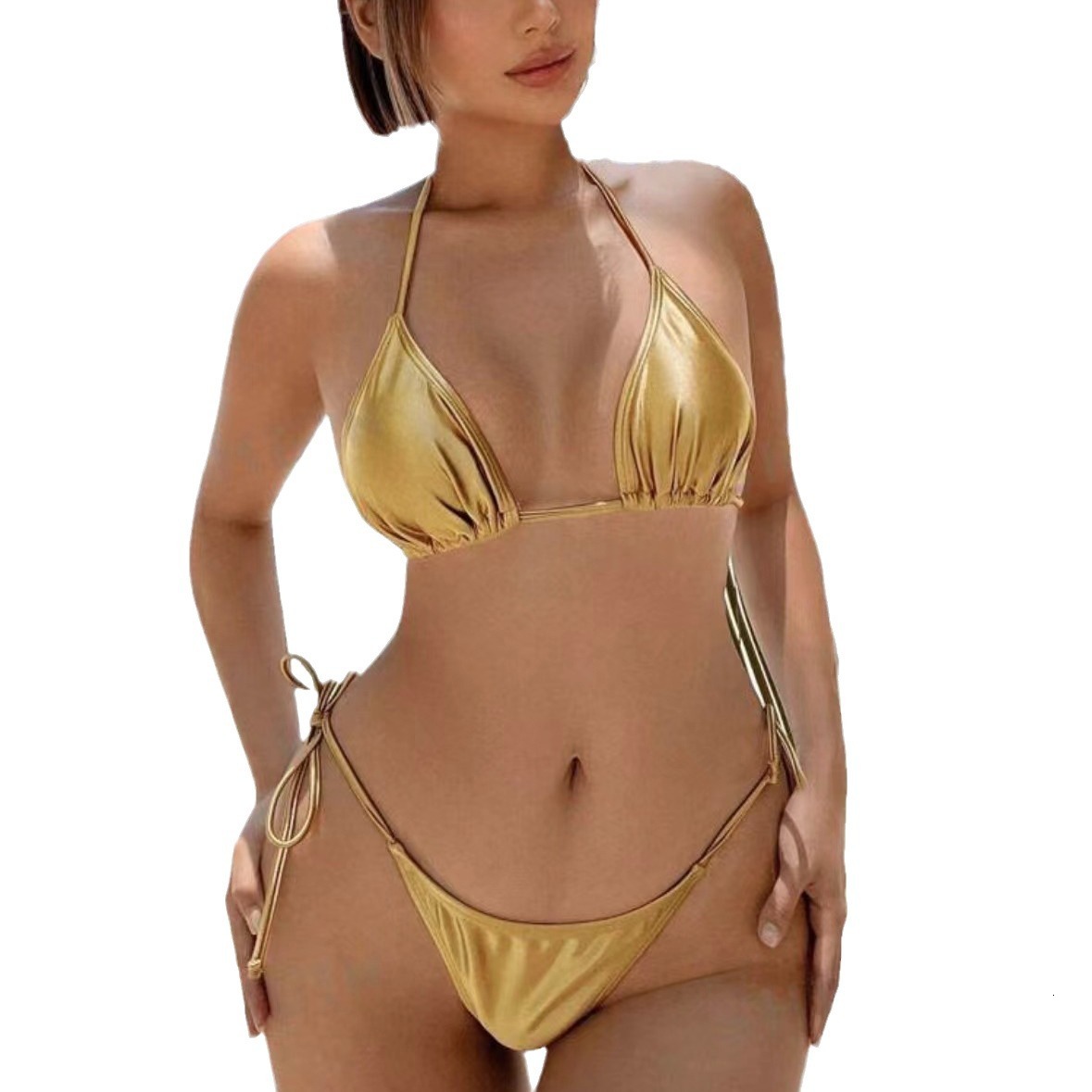 Free Shipping High Value Metallic Gold Bikini Set for Women Shiny Triangle Two Piece Swimsuit Thong Bathing Suit