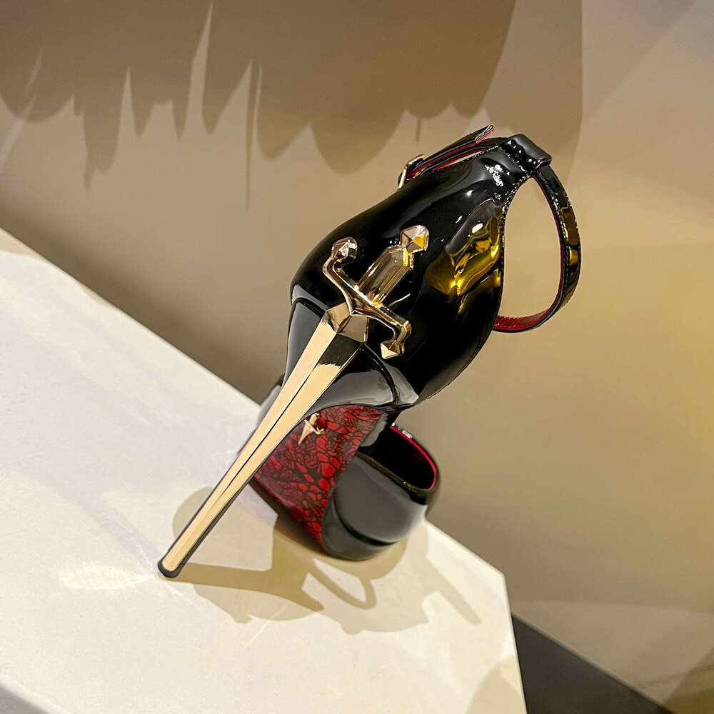 2026 New Model gold Sharp Heel Red Sole High Heels for Women, Royal Lady Style Pointed Toe Patent Leather Strap Sandals