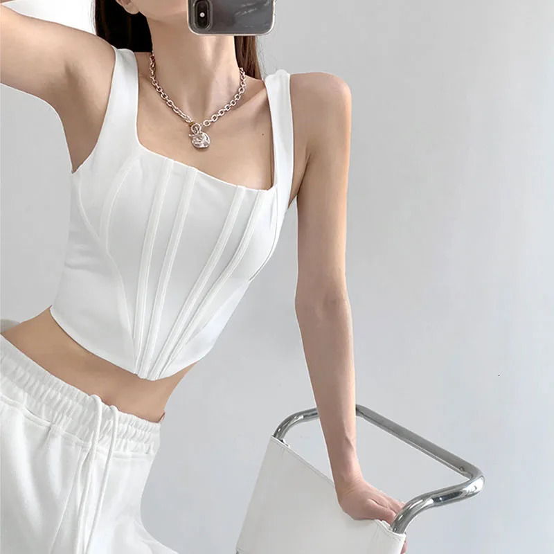 2023 Summer Crop Tops Sexy Square Neck Tight Backless Short Top Sleeveless Tank Tops Women Casual Solid Color Basic Camisole 260313