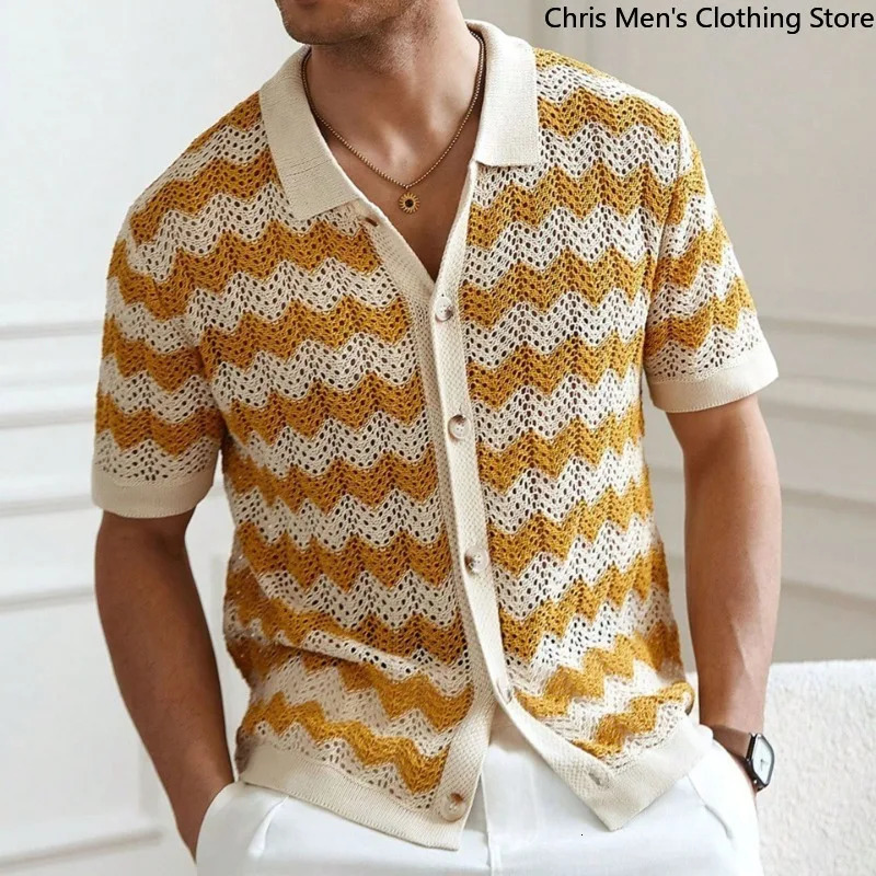 Summer Hollow-knit Mens Shirt Business Leisure High Quality Lapel Mens Knit Shirt Street Fashion Mens Cardigan 260327