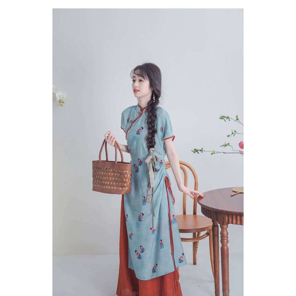 New Blue Cheongsam Set Women Improved Qipao Chinese Style Short Sleeve Vintage 2 Pieces Floral Long Dresses With Trousers MAKOUFEI