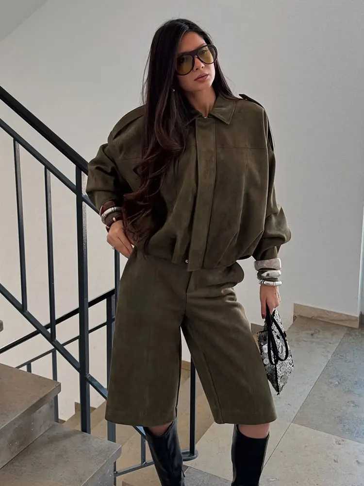 HH Women Brown Green Suede Jacket Loose Casual Bomber Coat Lapel Zipper Long Sleeve Jackets Vintage Lady Motorcycle OutwearsT260328