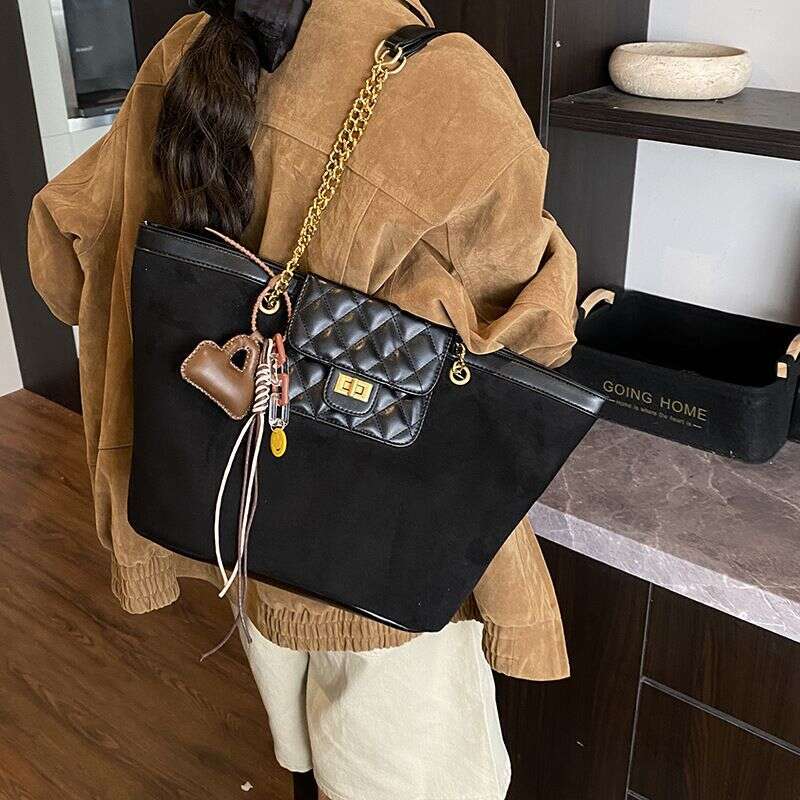Chic Suede Tote With Chain Strap Large Crossbody Shoulder Bag For Work Weekend Black Brown Tan Khaki Liksusie