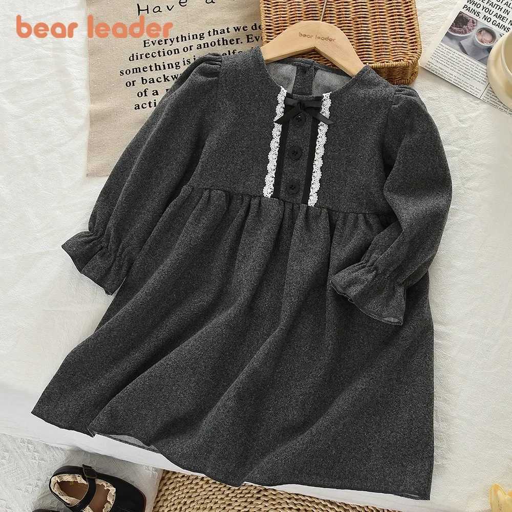 Bear Leader Grey Girls Casual Dresses Spring and Autumn Solid Color Long Sleeved Kids Dress Daily Simple Childrens ClothingT260330