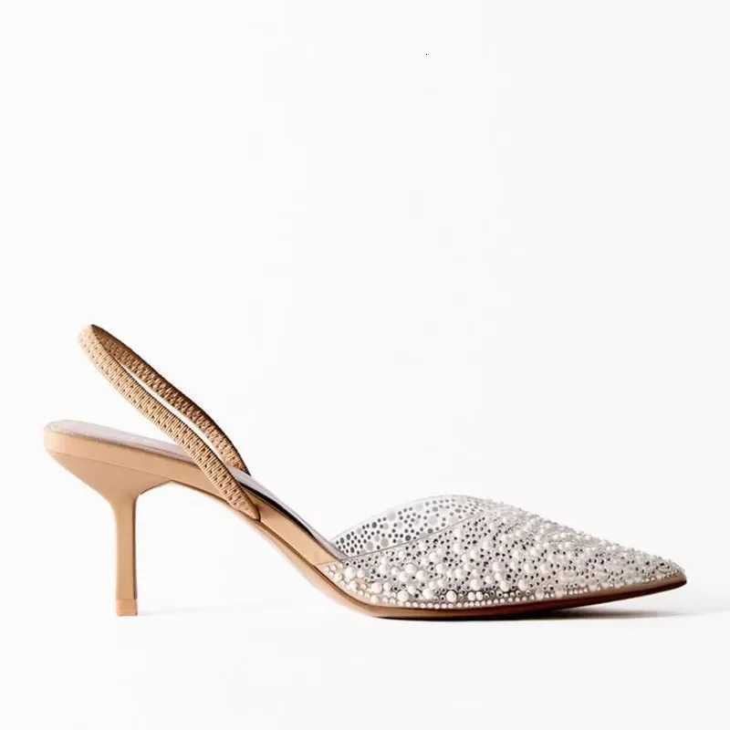 2025 Fashion Summer Women High Heels Sandals Pearl Decoration Slingback Pointed Toe Elegant Party Wedding Bridal Ladies Shoes Z260330