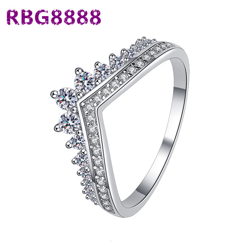 S925 Sterling Silver Rhodium White Gold Setting Princess Crown Ring Womens Stacked Factory Wholesale Cross-Border Hot Sale