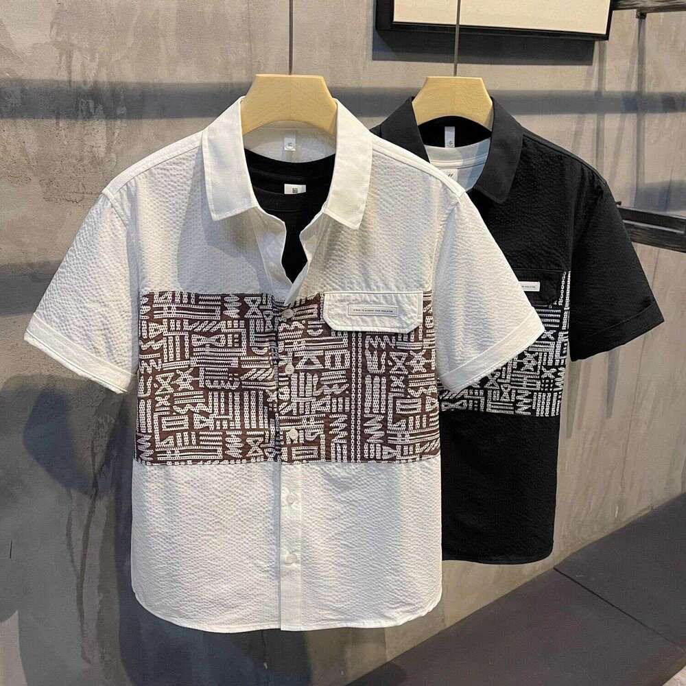 American street style trendy men, short-sleeved, summer 2025 new model, fun patchwork, contrasting colors, simple collared shirt for men