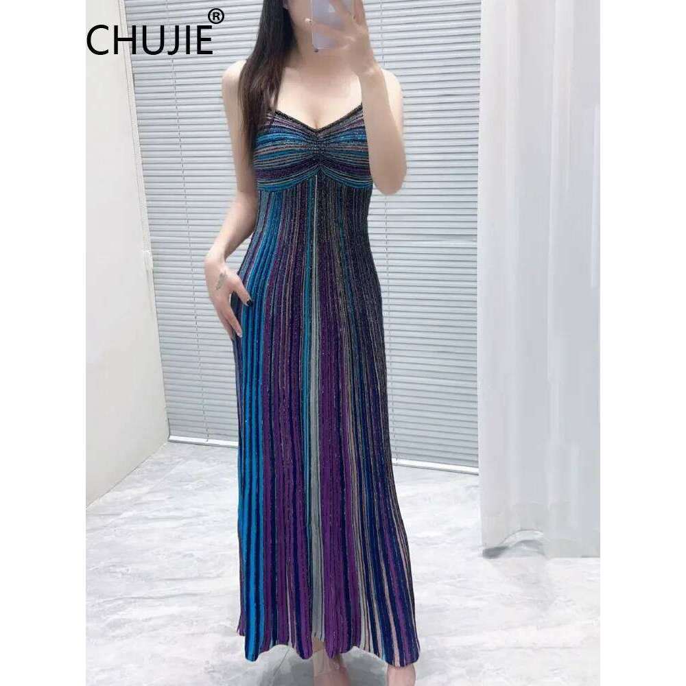 Women's Summer New Fashion Design Color Striped Folded Long With Stylish And Slim Fit Strap Dress Mdng260330