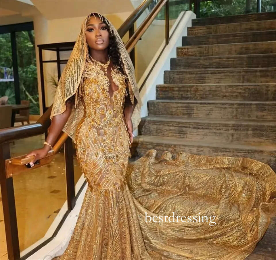 Sequins Prom Dresses Black Girls 2026 Luxury Gold Diamond Sparkly Women Formal Evening Party Gala Gowns Customized D0330