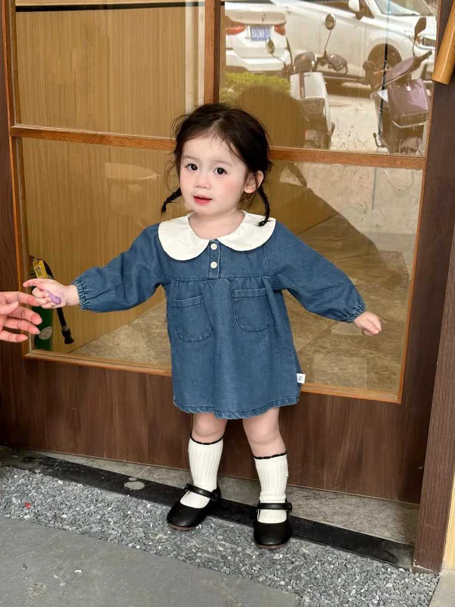 Q2495 Korean Style Spring Autumn Baby Dress Cute Loose Lapel Long Sleeve Soft Denim Dress Doll Collar One Piece Baby OutfitT260330