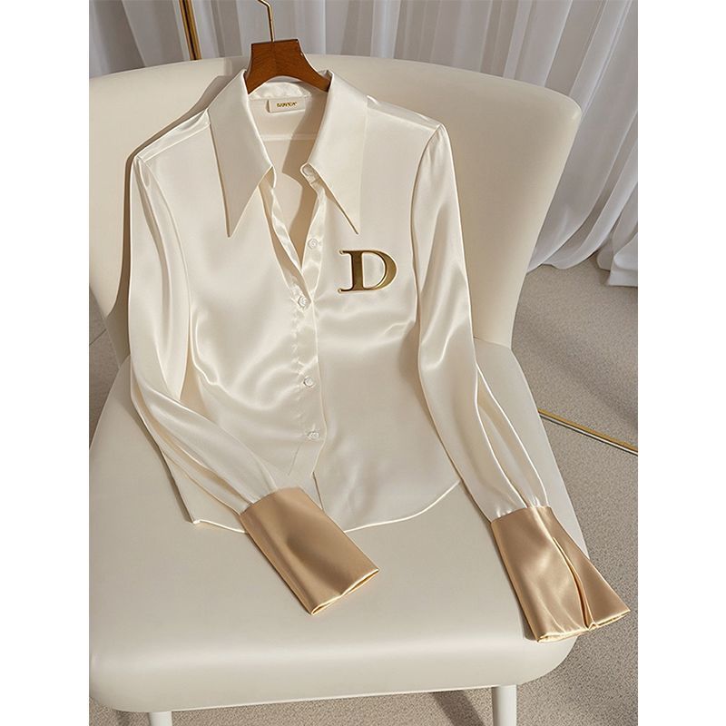 Luxury Fashion Women's Clothing 2026 Women's White Satin Blouse, French Style Light Luxury Top, Unique Designe Chic Shirt