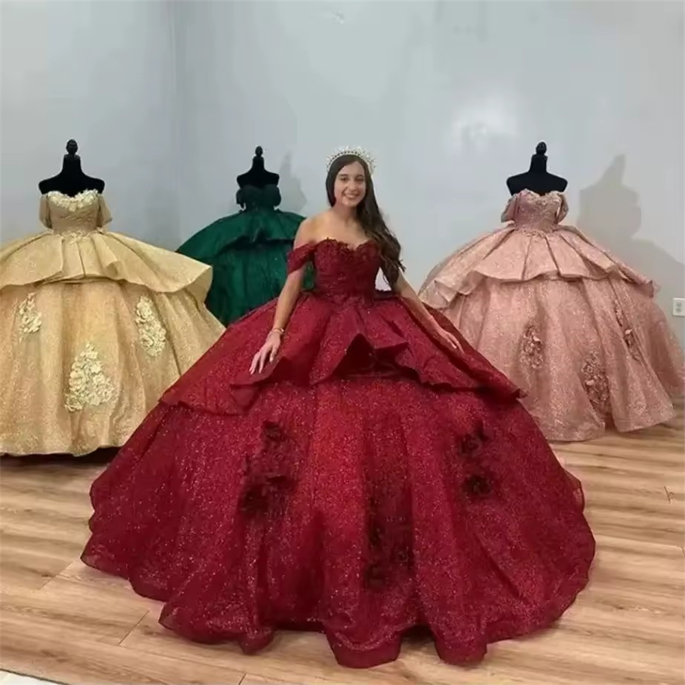Ball Gown Quinceanera Dresses Glittering Burgundy Princess Off-Shoulder Tulle Lace Plus Size Customized Sweet 15 16 Birthday Party Gowns Vestidos De 1