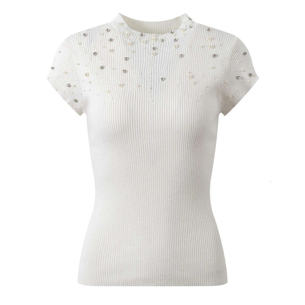 2026 Spring and Summer New Designer Fashion Casual k30 Style FC Pearl embellishment Slim Knitted Short Sleeve Top