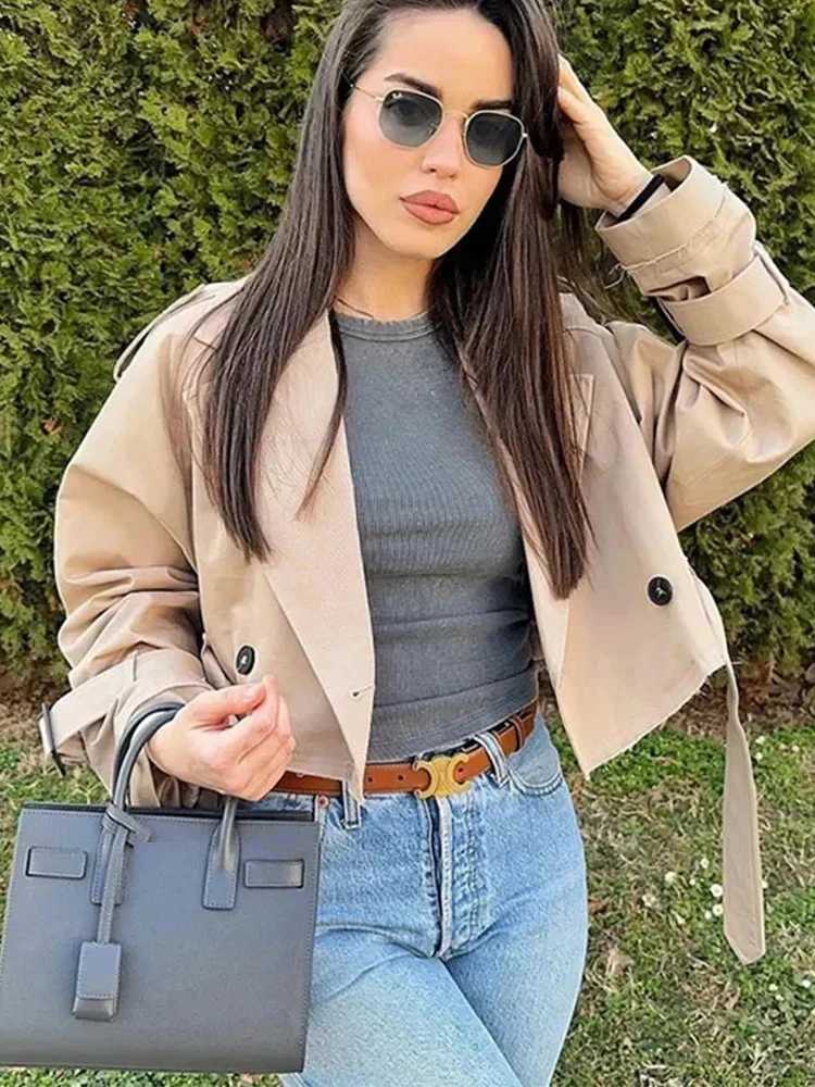 HH 2025 Women Belt Cropped Trench Spring Jacket Vintage Streetwear Double Breasted Long Sleeve Top Female Coat OutfitsT260328