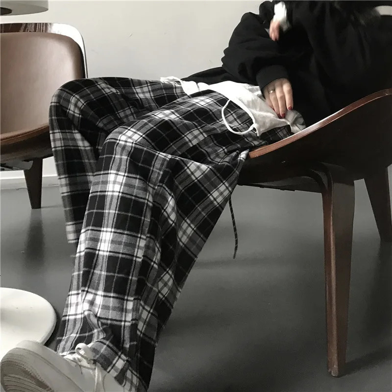 Oversize Women Sweatpants Fashion Black Plaid Casual Pants Baggy Elastic Waist Pockets Student Unisex Hip Hop Loose Trousers 260330