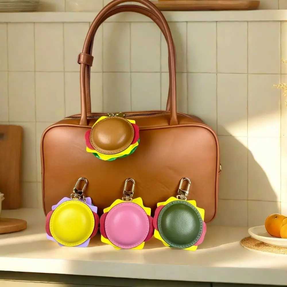 Hamburger Real Leather Coin Purse Earphone Case - Handmade Premium Leather Keychain with Metal Clip for Bag Charm-Ideal Gift Z260330